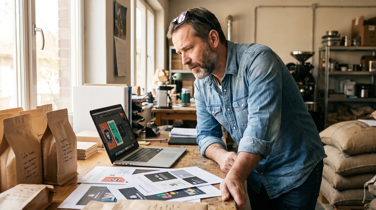 Small business owner reviewing ad and packaging designs on a laptop while deciding on a design subscription