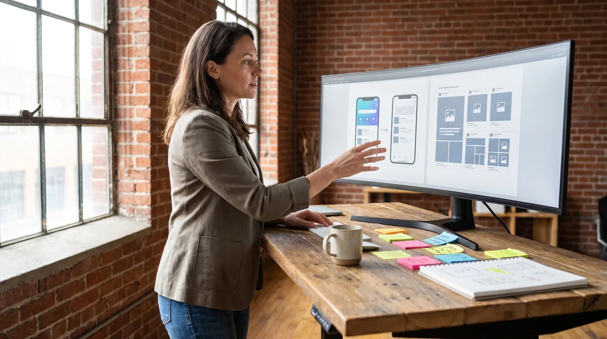 Startup founder comparing design mockups on a monitor while weighing a design subscription