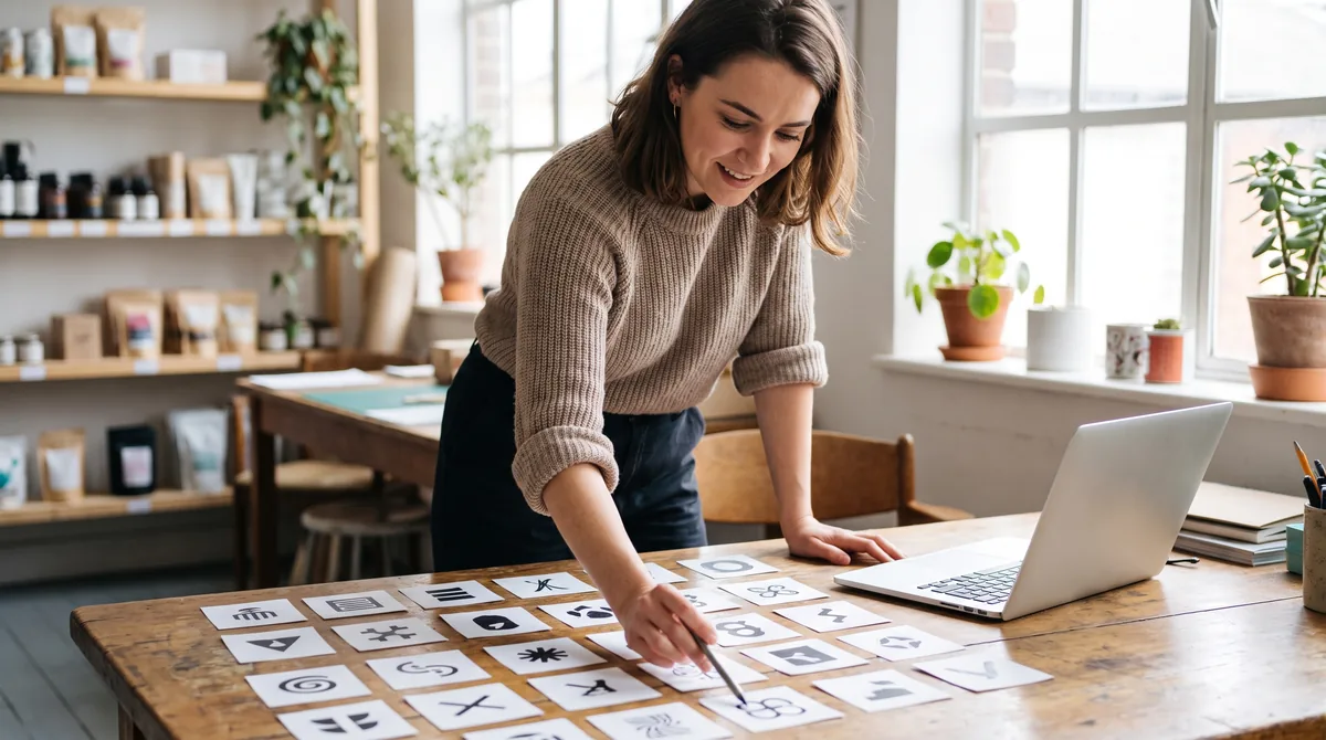 Small business owner comparing a spread of logo contest entries on a desk before picking a winner