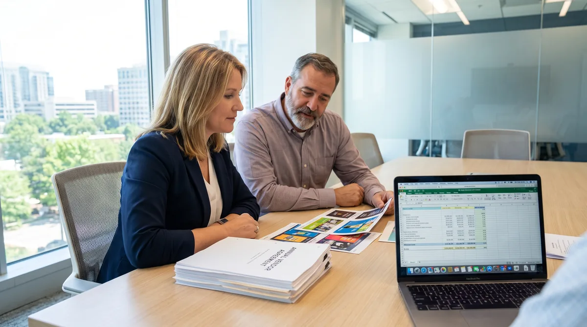 Marketing director and finance lead reviewing an annual creative services contract against the budget